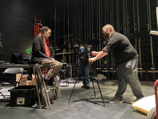 Left to right: Jenna Makkawy, West, Scott Olinger filming in Kimmel theatre.