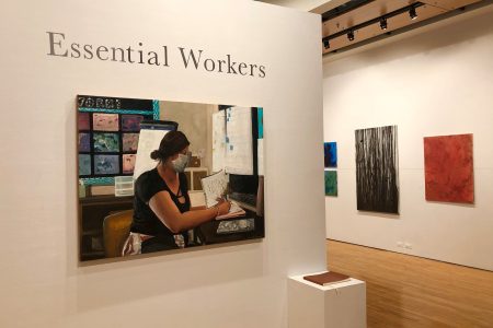 Portions of Emma Kamerer's exhibit "Essential Workers" (left) and Isaac Wolf’s show, “Acrylic Apparitions " (right)