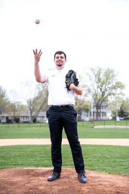 Eric Medenblik, Class of 2021, standing on Ash Park Baseball Field on Cornell College campus