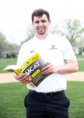 Eric Medenblik, Class of 2021, on Cornell College baseball field, Ash Park