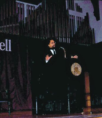 Cornel West (Professor of the Practice of Public Philosophy at Harvard University and Professor Emeritus at Princeton University), spoke in King Chapel at the second White Privilege Conference in 2001. “Cornel at Cornell was one of the highlights of my life,” said Jose A. Suarez ’03. “You’re talking about an eye-opening experience of bringing somebody of that intellectual capacity and being able to listen and get a close, firsthand view into the inner workings of that mind.”