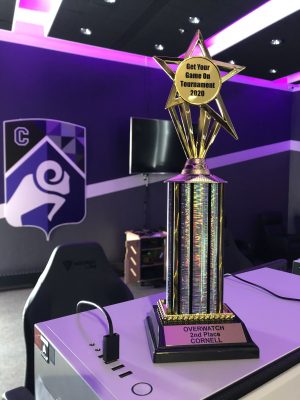 Trophy sitting in the Cornell College esports arena