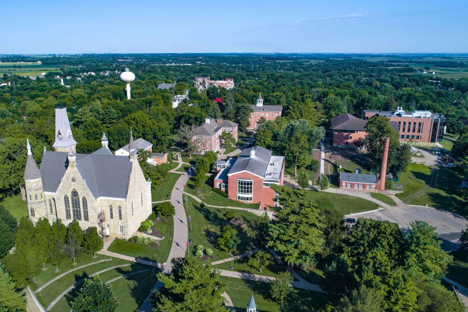 Aerial photo showing several campus buildings