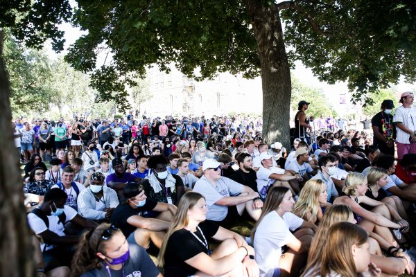 New students gather for convocation on the lawn in front of Allee Chapel.