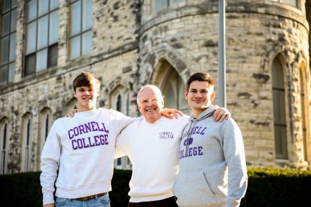 Will Bickel ’25 (left) and Jack Bickel ’24 (right) with their grandfather John “Corky” Bickel ’66 at King Chapel.