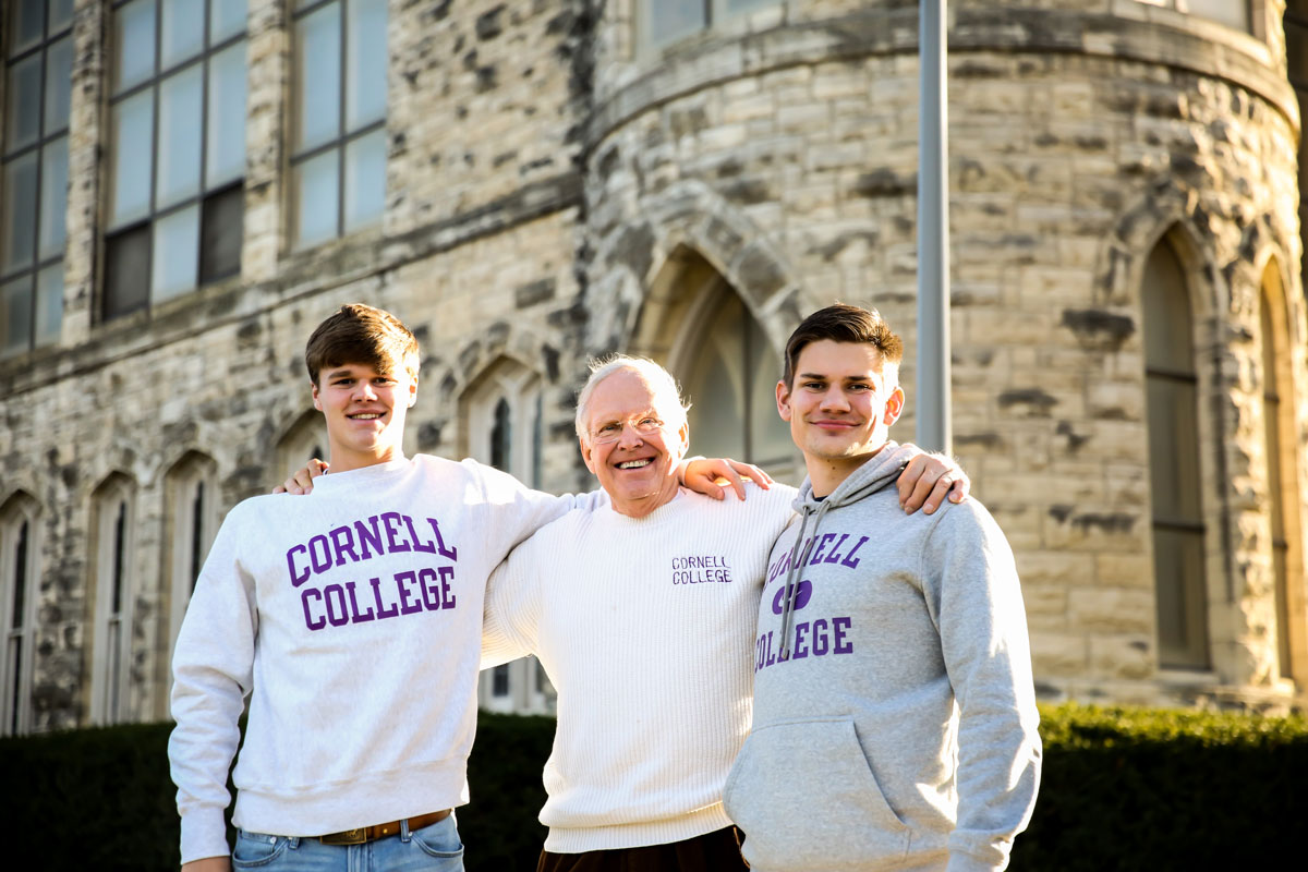 Will Bickel ’25 (left) and Jack Bickel ’24 (right) with their grandfather John “Corky” Bickel ’66 at King Chapel.