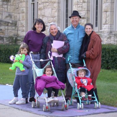 Clara Haverstic ’23 (in red coat) and her family pose in front of King Chapel during her grandmother’s 50th reunion weekend in 2002. Children with Clara are her cousin (left) and sister (center). In the back row from left are her aunt, grandmother Clara Davison Davidson ’52, grandfather, and mother.