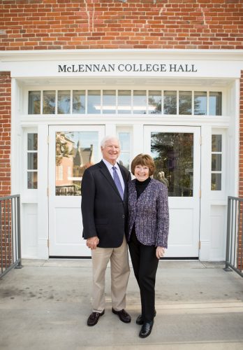 Bob McLennan ’65 and Becky Martin McLennan ’64 at McLennan College Hall on the day it was dedicated. 