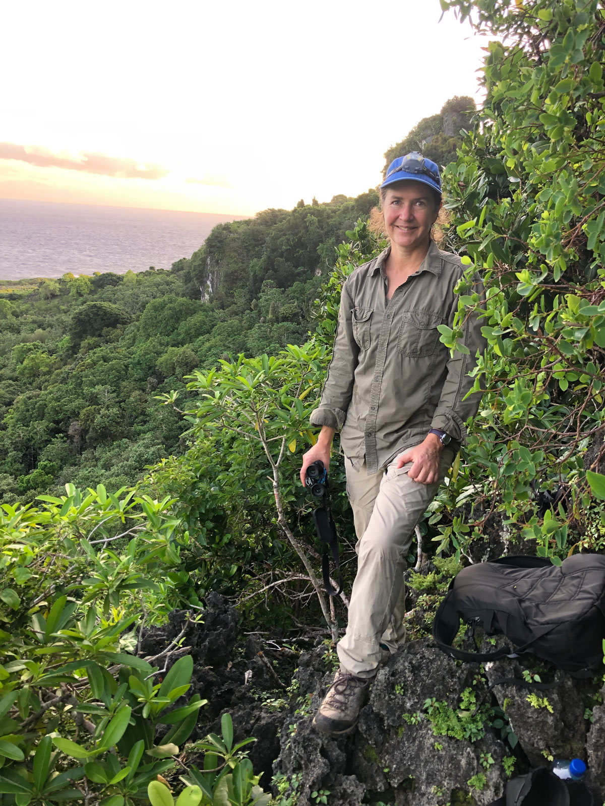 Tammy Mildenstein pauses while searching for signs of flying foxes in Guam during the winter of 2021.