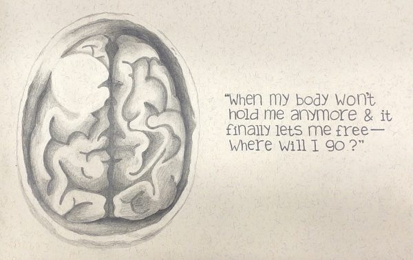 a piece of art with an image of the brain and the words "when my body won't hold me anymore & it finally lets me free - where will I go?"