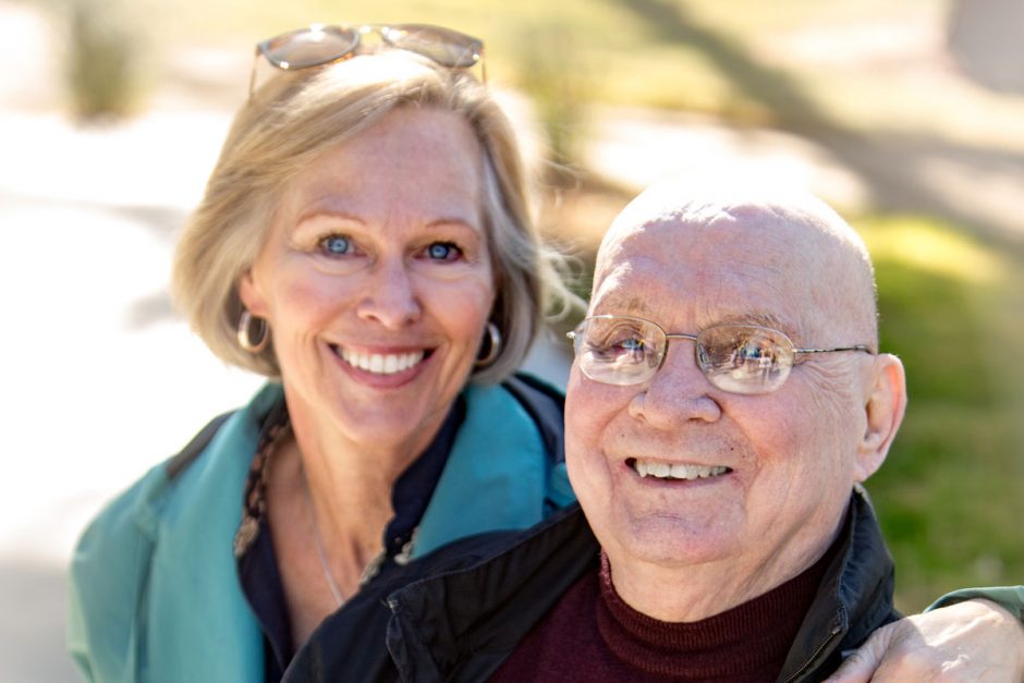 Jan Thomas '80 and her father, Emeritus Professor the Rev. Richard Thomas, seen outdoors on campus
