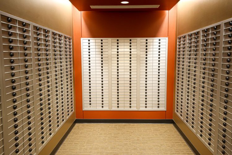 A view of one of the mail center bays. There are over 1,600 mailboxes for Cornell students, faculty, and staff.