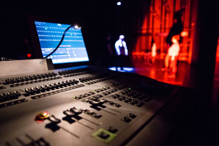 A view of the Kimmel Theatre stage from the lighting booth.