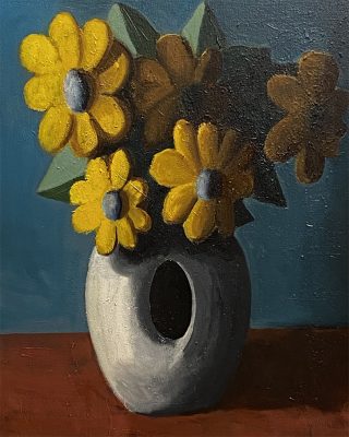 A painting of a vase with flowers