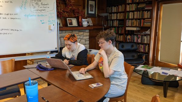 Sadie-Kate Vinson and Alary Schmitt work on their podcast, "Dead Lesbian Syndrome." 