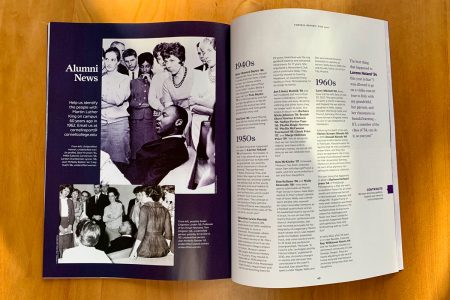 Photo of magazine open to the first 2 pages of Class News, with 2 photos of Martin Luther King Jr. with Cornellians in 1062, and the start of class updates from the 1940s, 1950s, and 1960s