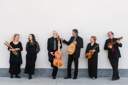 six members of the Baltimore Consort stand together with their instruments