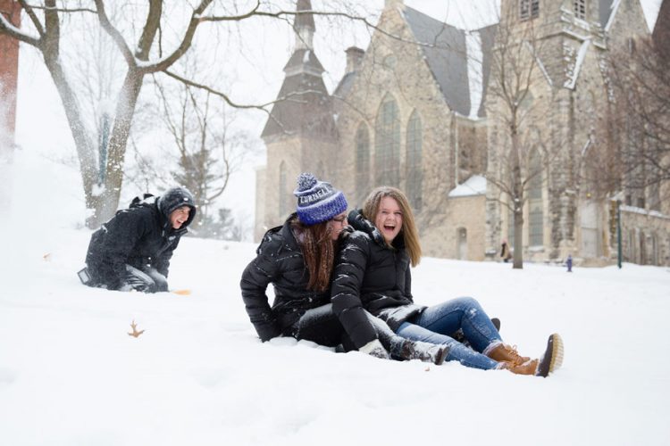 Students sled down the campus hilltop