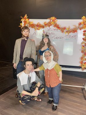 The cast of “The Thanksgiving Play:” (front row left to right) Delta McKenna and Parker Boyle (back row left to right) David Clancy and Clara Haverstic (Photo credit: Lena Cheatham)