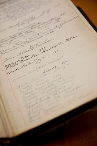 A closeup of the first page of Cornell’s official Phi Beta Kappa signature book shows Cornell’s first female faculty member with an endowed professorship, Mary Burr Norton, Class of 1877.