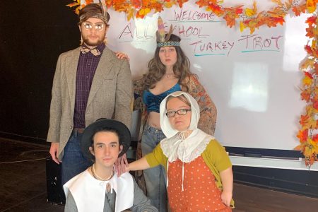 The cast of “The Thanksgiving Play:” (front row left to right) Delta McKenna and Parker Boyle (back row left to right) David Clancy and Clara Haverstic (Photo credit: Lena Cheatham)