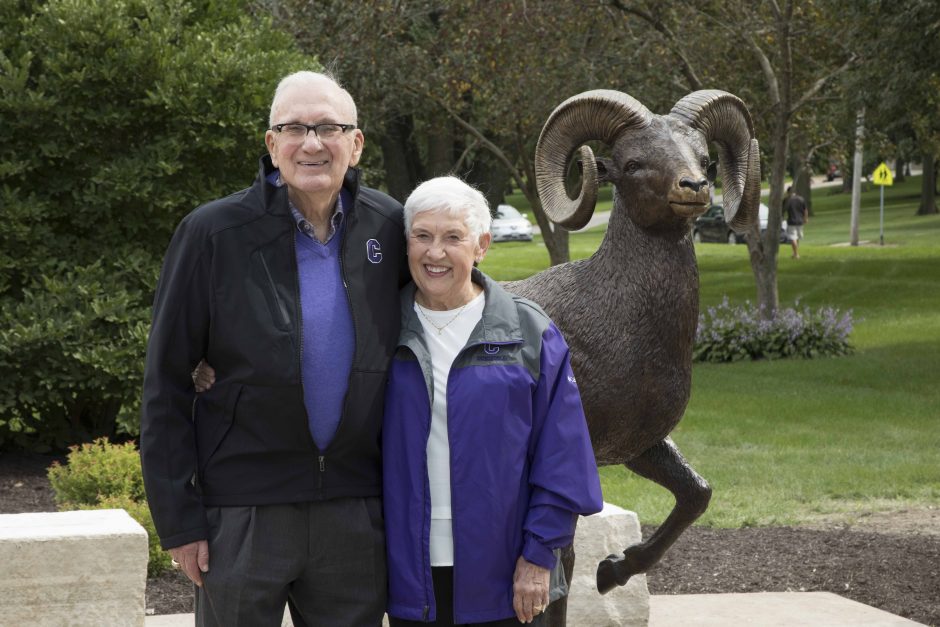 Richard and Norma Small by the Cornell Ram statue in front of the Small Multi-Sport Center