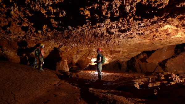 Denniston and students in a cave with stalagmites all around.