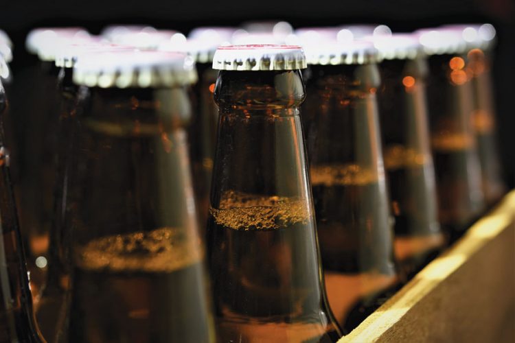 closeup of a row of glass beer bottles