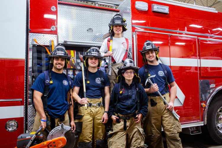 Cornell student firefighters (from left): RJ Sutton 25, Dane Markegard 24, Charlie Link 25, Elinor Ascher-Handlin 25, and Mason Ciari 25.