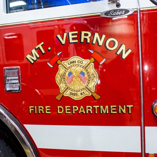 Mount Vernon Fire Department logo on the side of a firetruck