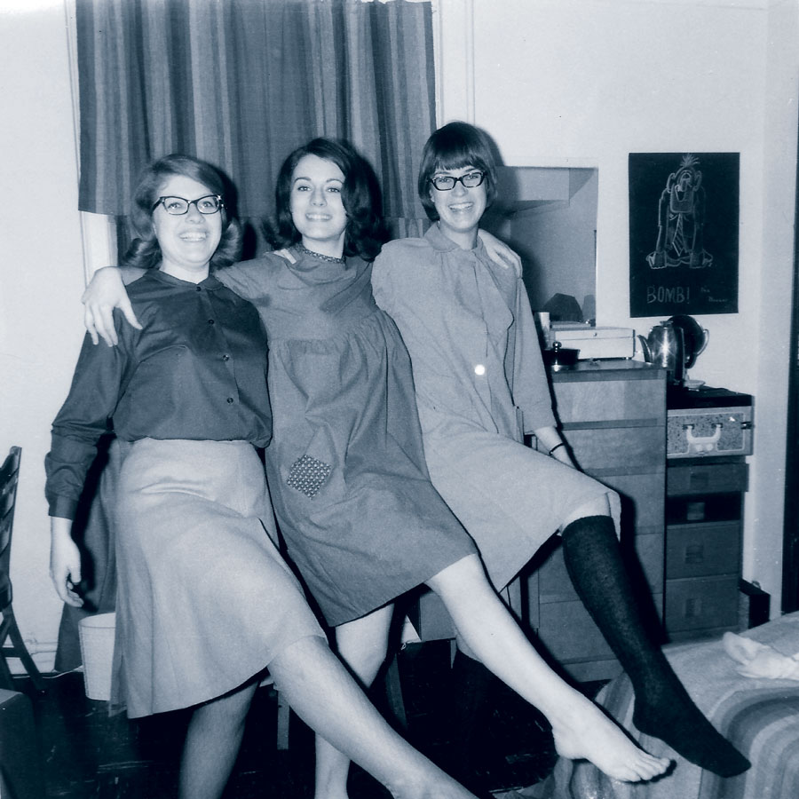 Nancy Wright ’66, Ruth Keefe Miller ’66, and Ellie Rowlson-Hall ’66 (from left) in Nancy and Ruth’s Pfeiffer Hall room.