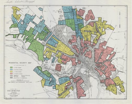 The redline map (the practice of outlining areas with sizable Black populations in red ink on maps as a warning to mortgage lenders) of Richmond, Virginia, was developed for the Homeowners’ Loan Corporation (1923). This data visualization, Hejeebu says, did a lot of economic harm to the communities depicted. SOURCE: National Archives and Records Administration