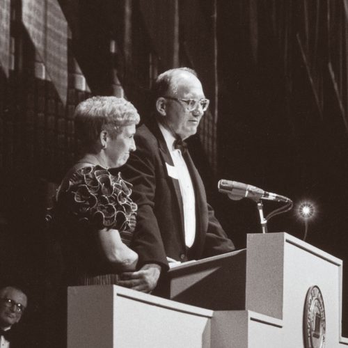 Richard and Norma in 1990 during a gala dinner in the sports center that bears their name, announcing a challenge gift of $20 million to launch a $60 million campaign for the college. At the time it was one of the largest gifts ever given to a U.S. undergraduate institution.