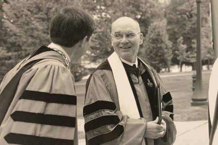 Richard Thomas and former President Les Garner in academic regalia.