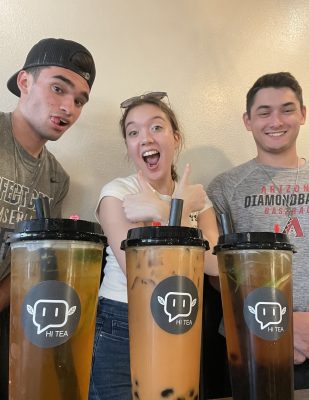 Left to right: Dylan Vargas ‘23, Lily Hartney ‘23, and Bobby Petersen ‘23 get cheeky for a group photo. Hartney says, “We all are people of color and a big part of sharing our identity and feeling more at home is finding food of our culture. We decided this day to go get boba (a Taiwanese drink) in Cedar Rapids. We all love to grab ethnic food together as much as possible!” Photo courtesy of Lily Hartney.