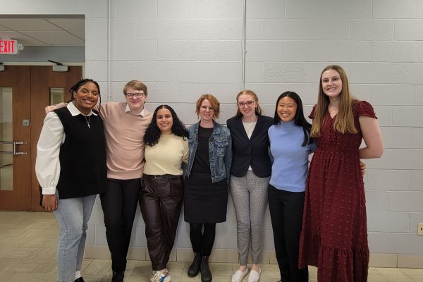 Cornell sociology students who presented research at the Iowa Sociological Association (ISA) annual meeting on April 21. Left to right: Layla Powell, Donivan Jones, Athraa Mhanna, Professor of Sociology Tori Barnes-Brus, Ruthie Hale, Caitlyne Mar, and Tendall Weigand.