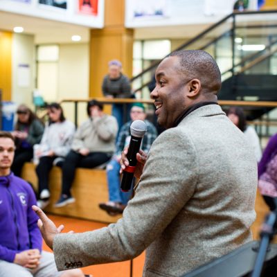 Jeffrey McCune ’99 speaks on the Orange Carpet. Photo by Allan Recalde