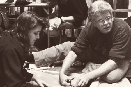 Stephen Lacey and 2 students prep for a Shakespeare play in what is now the Van Etten-Lacey House.