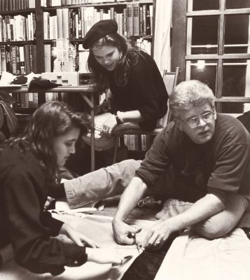 Stephen Lacey and 2 students prep for a Shakespeare play in what is now the Van Etten-Lacey House.