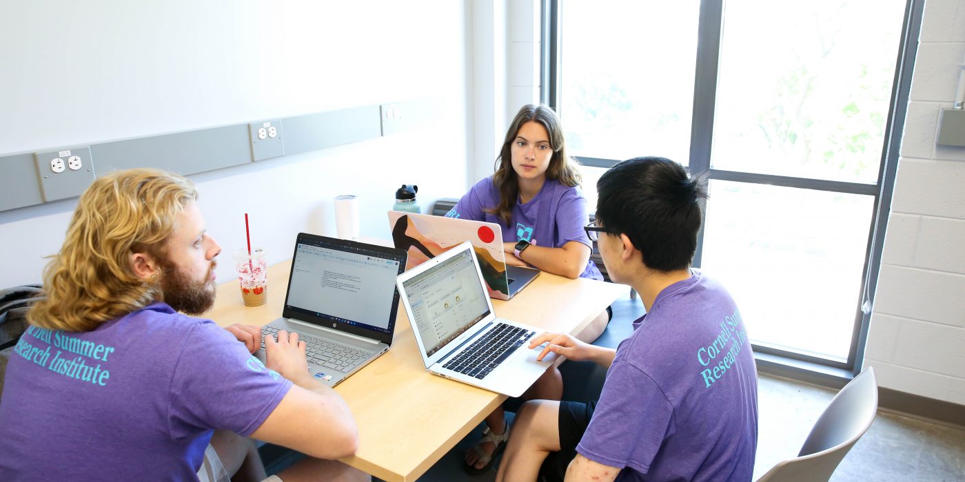 Three students sit together at a table with labtops.