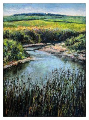 Piece of art by Sue Coleman that shows a small stream with grassy meadow in the background.