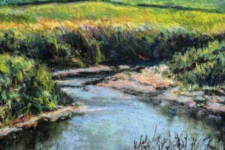 Piece of art by Sue Coleman that shows a small stream with grassy meadow in the background.