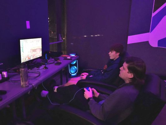 Camden (right) and Arjay Jacobs play a practice set in the Cornell Esports Arena.