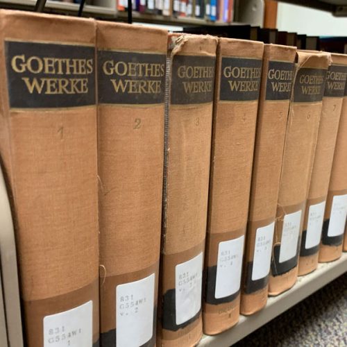 A 14-volume set of Goethe’s writings sits on a shelf in Cole Library. Photo by Dee Ann Rexroat ’82.