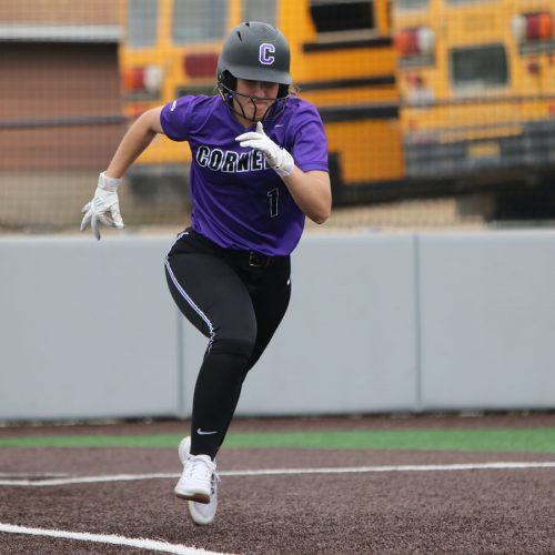 Izzy Gullixon ’25 runs after hitting the ball. Cornell Sports Information photo.