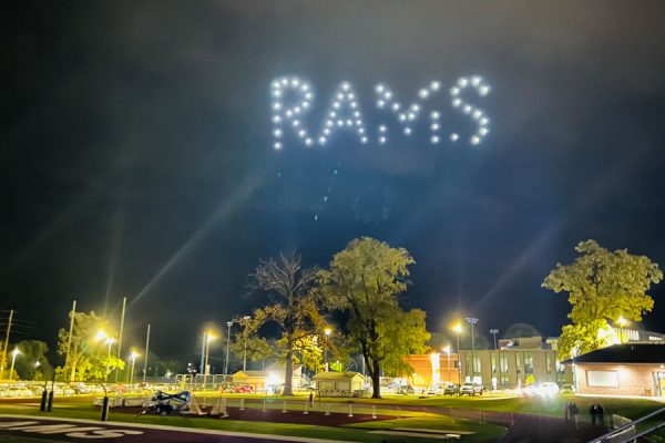 A fleet of 60 drones created an aerial light display over Van Metre Field at Ash Park to conclude Cornell’s Homecoming pep rally. Photo by Cornell parent Angie Sutton.