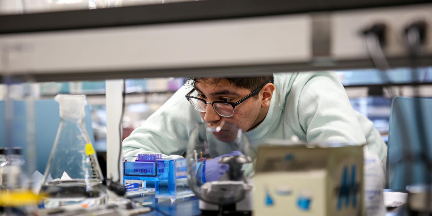 Student watches an experiment taking place in a science lab.