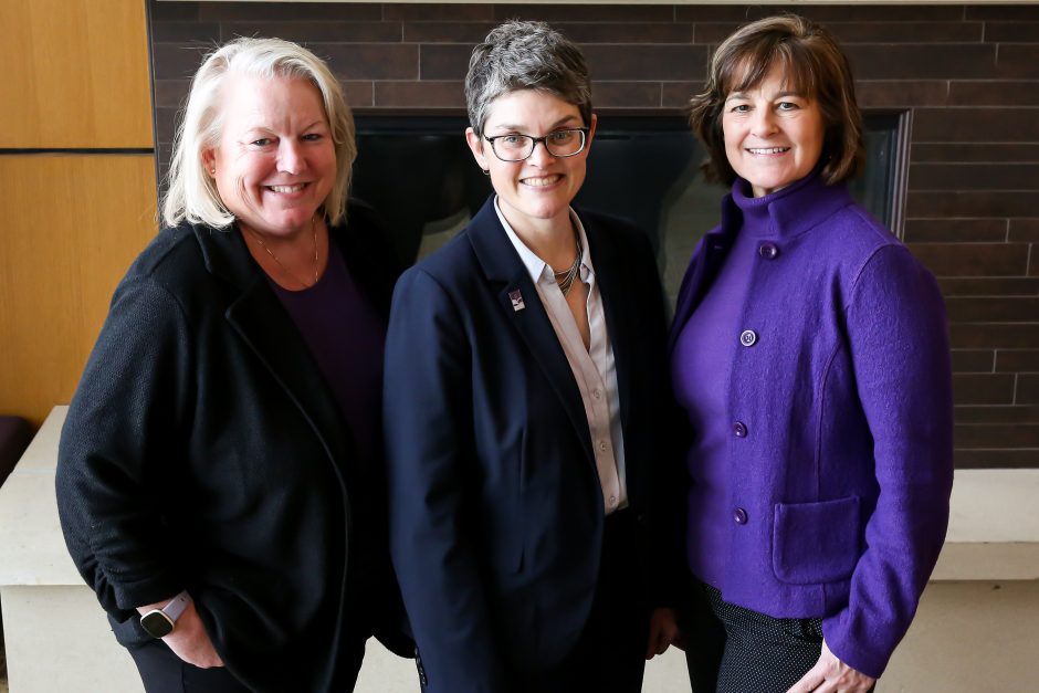 Wendy Beckemeyer, Ilene Crawford ’92, and Kelly Flege (from left) make up the majority female executive team at Cornell. Photo by Megan Amr.
