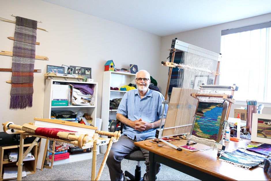 Chris Carlson at home in his textiles studio. Photo by Megan Amr.