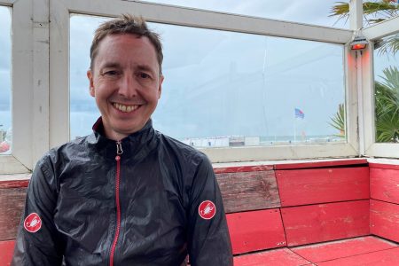 Kevin Rosser ’92 takes a break from cycling at the Hook of Holland.
